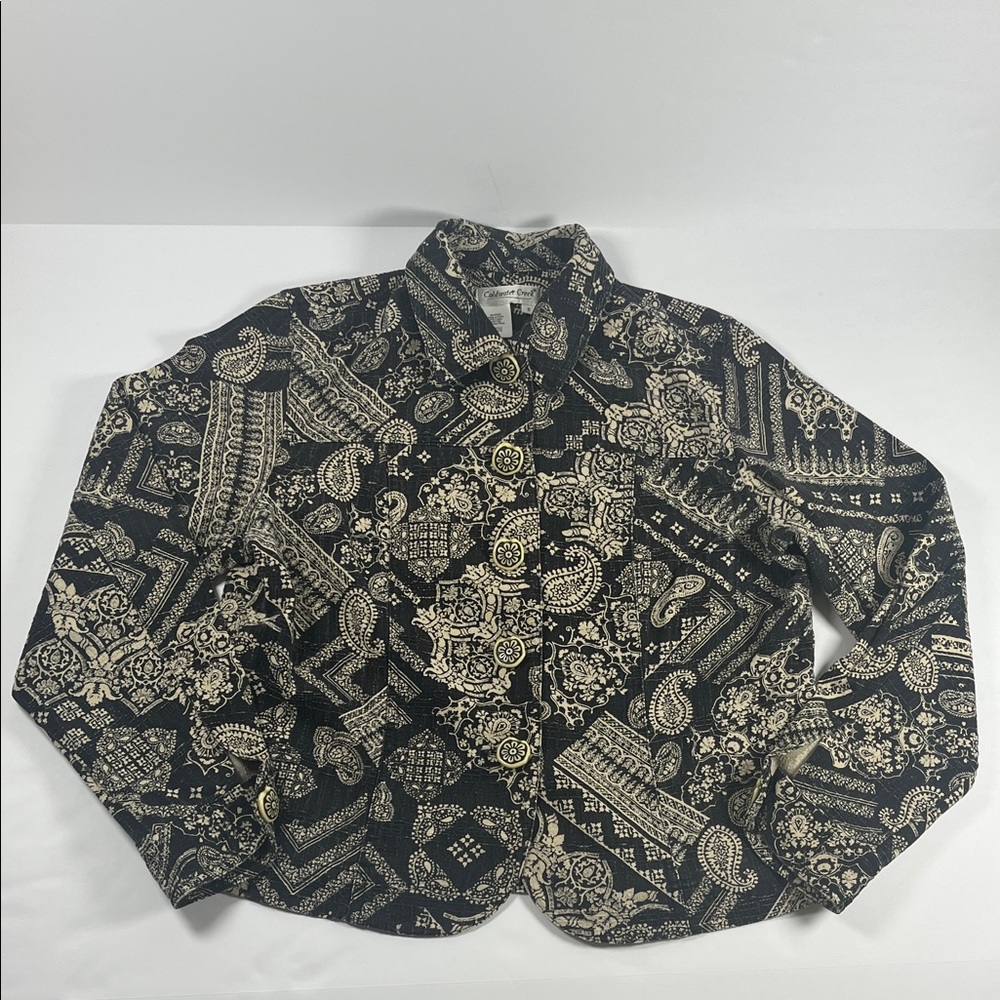Coldwater Creek Stylish Black and Cream Paisley Jacket Cotton & Silk    Sz S